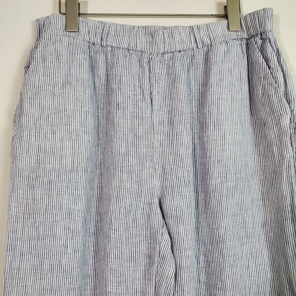 Quince Women's Pants Large Blue White Striped Linen Wide Leg Coastal Lagenlook - Picture 2 of 14
